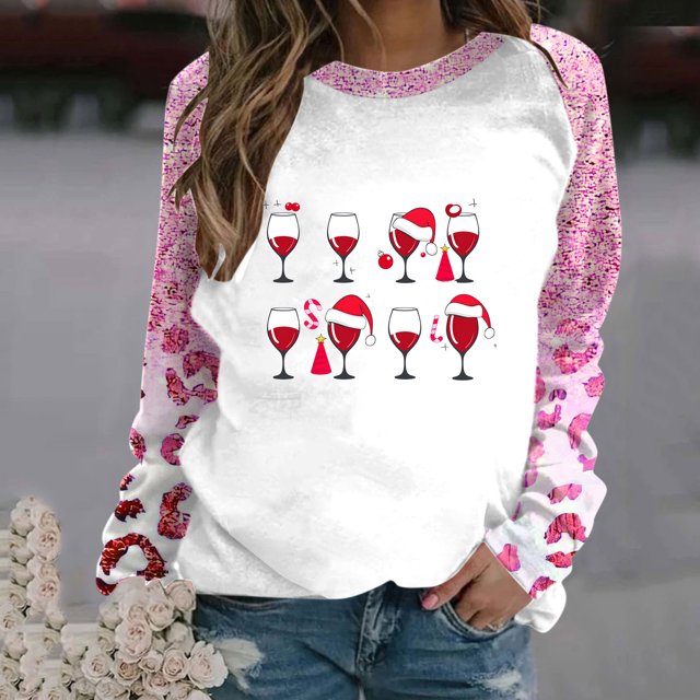 TIMIFIS Chandails de Noël pour Femmes 2024 Hiver Manches Longues Col Rond Imprimé Verre de Vin Chapeau du Père Noël Chandails à Enfiler Hauts Cadeaux pour Femmes pour Noël