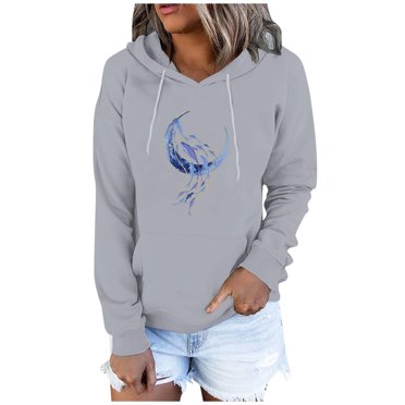 Rbaofujie Chandail à Capuchon pour Femme Mode Décontractée Blouse à Manches Imprimées Poche Chandail à Enfiler Hauts Chandails à Capuchon Gris Chandails pour Femmes Hauts