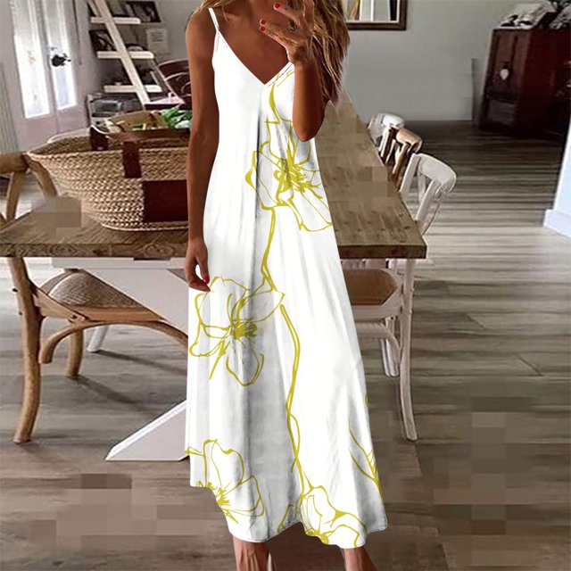 Ovzne Robes pour Femmes Robe Femmes Été Décontractée Plissée Imprimée Camis Sans Manches à Col en V Robe de Vacances Robe Imprimée Liquidation