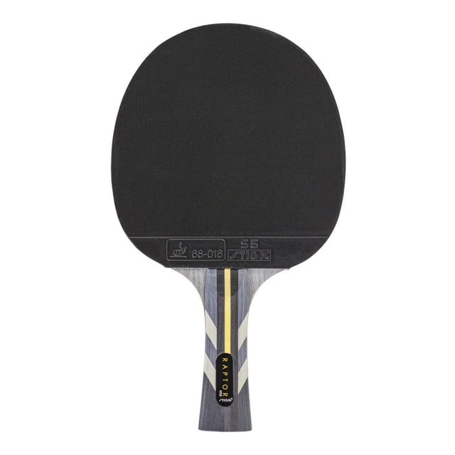 STIGA Raptor Table Tennis Racket with front-facing black ITTF approved rubber surface, seven-ply extra light blade, and grey-yellow striped handle featuring the Raptor logo, designed for tournament-level power, spin, and control in ping pong play.