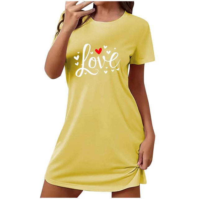Chemises de Nuit pour Femmes Vêtements de Nuit Chemises de Sommeil pour Femmes Manches Courtes Chemises de Nuit pour Dormir Nuisette à Enfiler Douce Mignonne Imprimée Robe de Nuit Robes pour Femmes Vêtements de Nuit Robe de Pyjama Jaune G