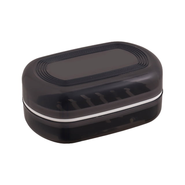 Bdday Travel Soap Case Soap Container with Lid, shown in a sleek black design with a compact, rectangular shape. The container features a removable draining rack with four legs for stability and enhanced drainage, ensuring the soap stays dry. Made of durable PE plastic, it is leak-proof and includes a tightly sealed lid with a snap button to prevent accidental opening. Ideal for travel, camping, gym, and bathroom use, measuring 12 x 8 x 5 cm.