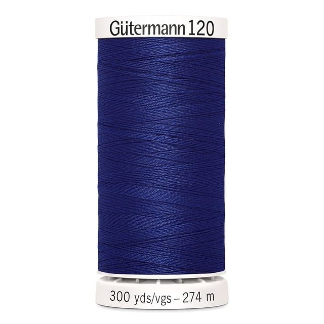 Gutermann 120 100% polyester all purpose thread spool in deep blue tightly wound on a white plastic spool labeled with 300 yards (274 meters), suitable for machine and hand sewing various fabrics including cotton, synthetics, wool, and craft projects like home décor and beading.