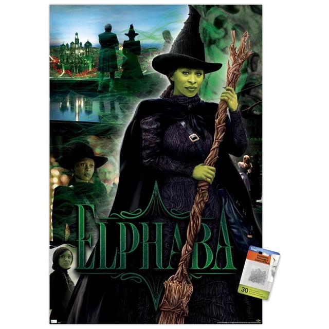Wicked - Elphaba Wall Poster, 22.375" x 34" depicting Elphaba in a black textured cloak and pointed witch hat holding a detailed wooden broomstick with green smoke swirling around. The background shows a green cityscape and silhouettes of other Wicked characters with large green 'ELPHABA' text, printed on glossy paper for vibrant wall décor.