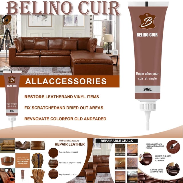 LSLJS Leather and Vinyl Repair Kit with a 20ml tube of repair cream for fixing scratches, cracks, and damage on leather and vinyl surfaces. Ideal for furniture, car seats, sofas, jackets, and shoes, this kit restores color and covers marks, making items look as new. The image highlights the repair cream tube and its application on various leather and vinyl items, including sofas and shoes.