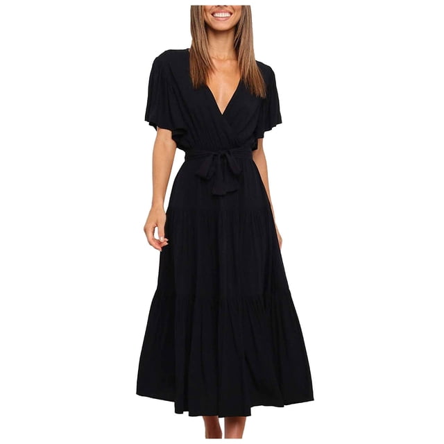 SMihono Robe d'Été pour Femmes 2024 Grande Taille Décontractée Couleur Unie Col en V à Lacets Manches Évasées Robe en Liquidation à Moins de 10!