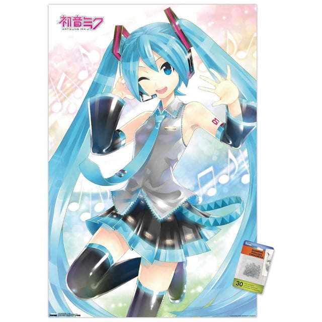 Hatsune Miku - Affiche Murale Agitant, 22,375 Pouces x 34 Pouces Représentant le Personnage d'Anime Hatsune Miku avec de Longues Queues Jumelles turquoise, Portant une Tenue Sans Manches Grise et turquoise avec une Cravate, des Manchons de Bras Noirs et des Cuissardes, Posée d'Une Main Surélevée sur un Fond pastel avec des notes de Musique, Convient pour Décorer des Chambres, des Bureaux Ou des Résidences Étudiantes.