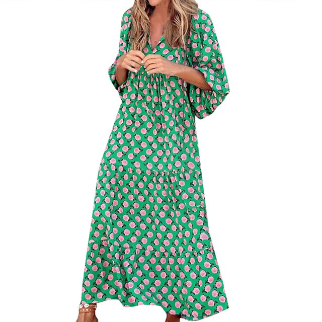 Pisexur Robe Maxi Décontractée d'Été pour Femmes Manches 3/4 Boho Florale à Lacets Col Bouffant Robes de Plage Ourlet à Volants Taille Haute Robe Longue Fluide à Volants