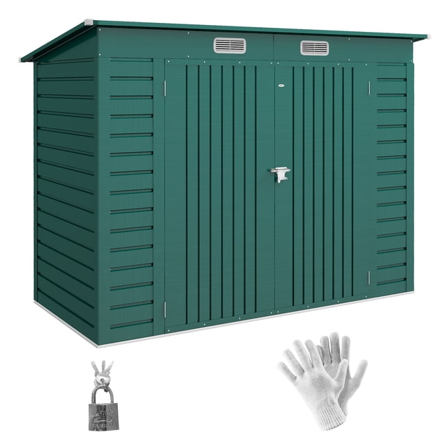 Outsunny 8 x 4FT metal garden storage shed in green, designed with a galvanized steel structure for durability. Features include two ventilation slots for airflow, a waterproofed roof, and a latch-secured double door for security. Ideal for storing garden tools, pool supplies, and lawn equipment. Gloves and a lock are included for installation and added safety.