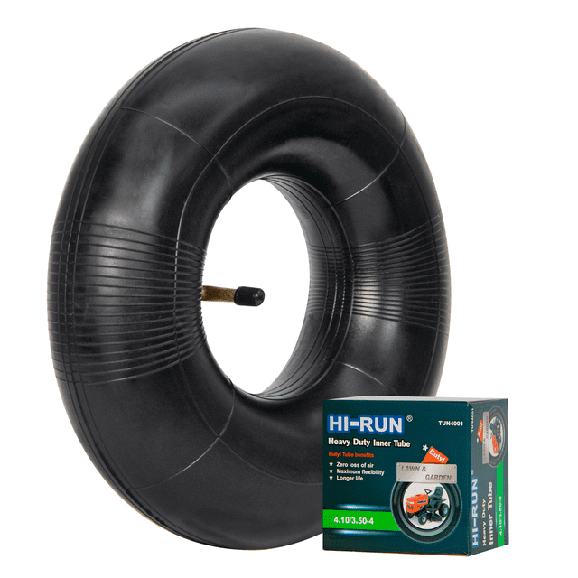 Hi-Run 4.10/3.50-4 Butyl Inner Tube TR87 for Lawn Mower & Wheelbarrow Tire TR87 90-degree bent valve stem butyl inner tube for 4.10-4 and 3.50-4 tires, resists punctures and maintains pressure for mower and wheelbarrow use; also suitable for hand carts.
