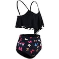 thumbnail image 3 of Women High Waisted Bikini Ruffle Swimsuit Flounce Pom Pom Trim Two Piece Bathing Suit Black Butterfly (XL, 3 of 6