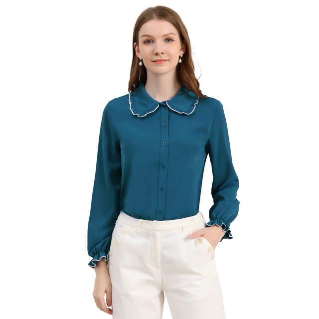 INSPIRE CHIC Chemises de Travail pour Femmes à Volants Doux Col Peter Pan Boutonnées
