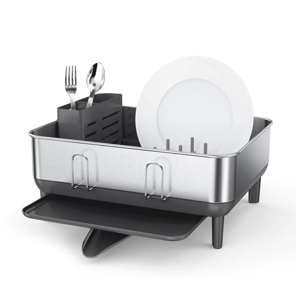 Simplehuman Compact Kitchen Dish Drying Rack, Fingerprint-Proof Stainless Steel Frame, Grey Plastic