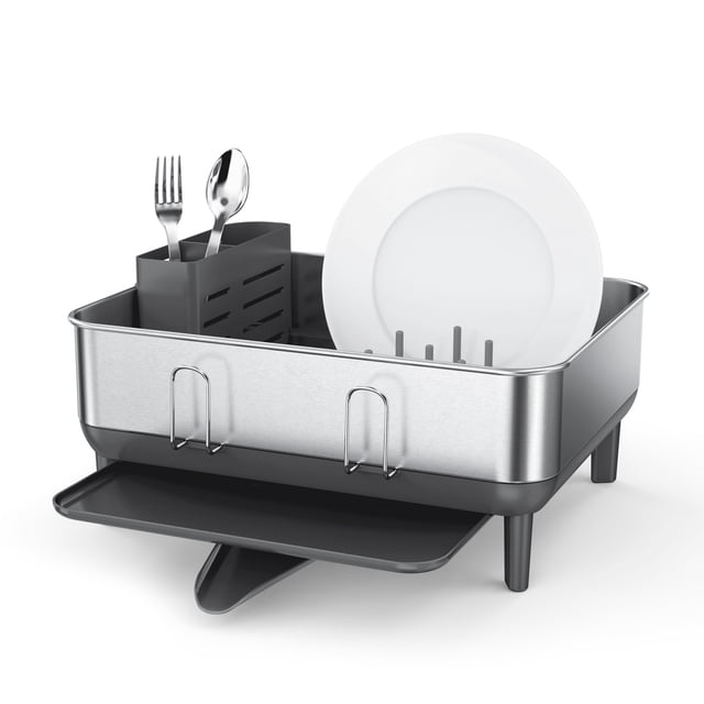 Simplehuman Compact Kitchen Dish Drying Rack, Fingerprint-Proof Stainless Steel Frame, Grey Plastic
