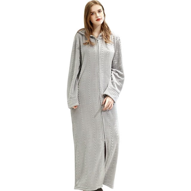 Choosebetter Womens Zip Up Robe Sweatshirt Robe Long Hooded Robe Floor Length Bathrobe Long Sleeve House Coat Lounger with Pockets