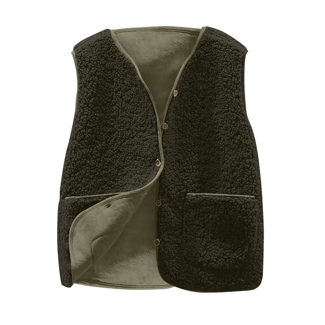 FAIWAD Womens Fleece Vest Fall Winter Warm Sleeveless Button Down Waistcoat Solid Color Loose Vest Coat