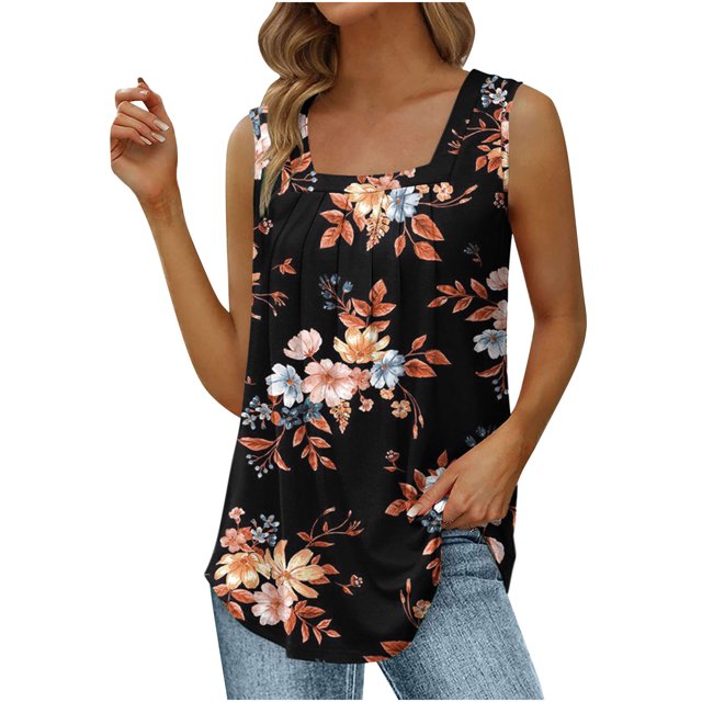 Hauts à Encolure Carrée pour Femmes Mode Féminine Imprimé Encolure Carrée T-Shirt Confortable Ample Sans Manches Blouse Décontractée Hauts t-Shirts pour Femmes Mode Blouses et Hauts pour Femmes Mode
