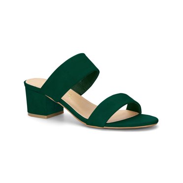 BLISSFUL STEP Women's Shoes Dual Straps Mid Chunky Heel Slide Sandals Green 6
