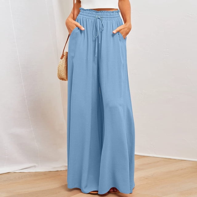 Jsaierl Womens Casual Wide Leg Pants Ruffle Elastic Drawstring Palazzo Pants Loose Comfy Trousers with Pockets