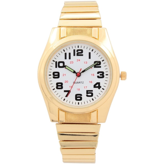 George Men's Gold Tone Expansion Watch with 35mm gold stainless steel case, white dial displaying full black numbers and red 24-hour markers, luminous hour and minute hands, red second hand, and 19mm wide gold-tone stainless steel expansion band. It features quartz accuracy movement and includes a long-life battery, ideal for comfortable everyday wear.