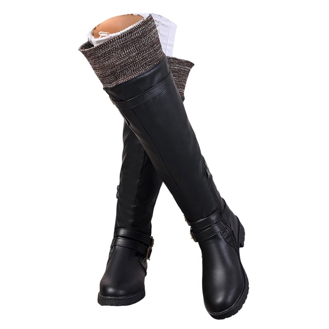 Dakaela Women's Knee High Boots Comfort Buckle Riding Combat Boot Round Toe Long Tall Fall Winter Shoes