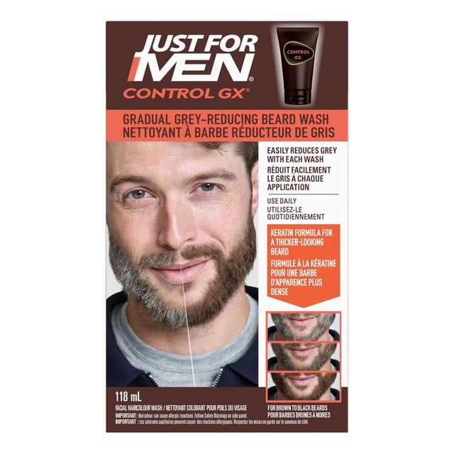 Just For Men Control GX Grey Reducing Beard Wash packaging in brown and orange with product name, 118 mL volume, and claims of gradual grey reduction, keratin formula for thicker beard, and suitability for brown to black beards. It cleanses and conditions facial hair while reducing grey gradually.