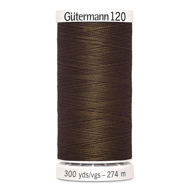Gutermann 120 100% polyester all purpose thread spool in dark brown, tightly wound on a white plastic spool labeled with 300 yards (274 meters), suitable for machine and hand sewing woven, knit, and synthetic fabrics, also ideal for craft and mending projects.