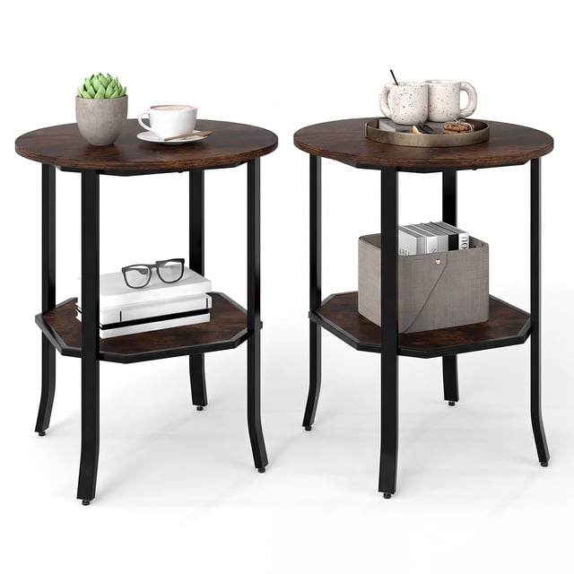 Gymax 2PCS Round End Table Night Stand w/ Storage Shelf Industrial Bedside Table Rustic Brown & Black