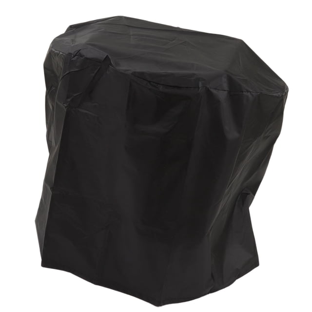 BBQ Protector, Barbecue Round Grill Cover for barbecue and gas grills, shown in a black heavy-duty polyester material with a PU coating. The round-shaped cover measures approximately 71 cm in height and 56 cm in diameter. It features strong double stitching, is waterproof, dust-proof, and includes an adjustable tie with a built-in plastic grommet for secure fitting in windy conditions. Suitable for outdoor use and easy to clean.