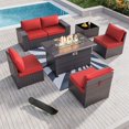 thumbnail image 1 of Kullavik 7 Pieces Outdoor Patio Furniture Set with 43" Gas Propane Fire Pit Table PE Wicker Rattan Sectional Sofa Patio Conversation Sets,Red, 1 of 9