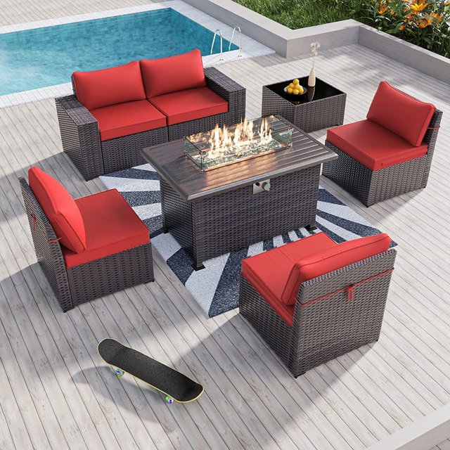 Kullavik 7 Pieces Outdoor Patio Furniture Set with 43" Gas Propane Fire Pit Table PE Wicker Rattan Sectional Sofa Patio Conversation Sets,Red