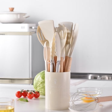 Hyknon Ustensiles de Cuisine Manche en Bois Ensemble d'Ustensiles de Cuisine 12 Pcs Ensemble Baril Rond Casserole Antiadhésive Cuillère de Cuisson Outils de Cuisine Ensemble d'Ustensiles de Cuisine