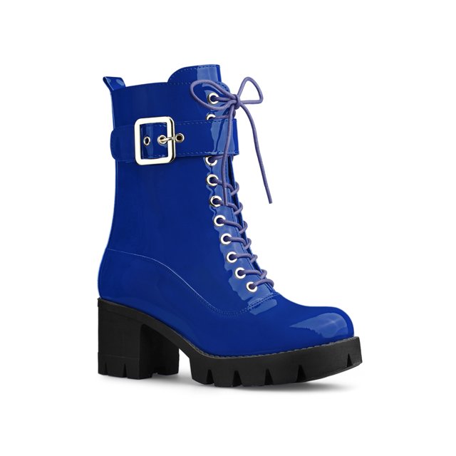 Unique Bargains Women's Zip Platform Chunky Heel Combat Boots Blue (Size 9.5)
