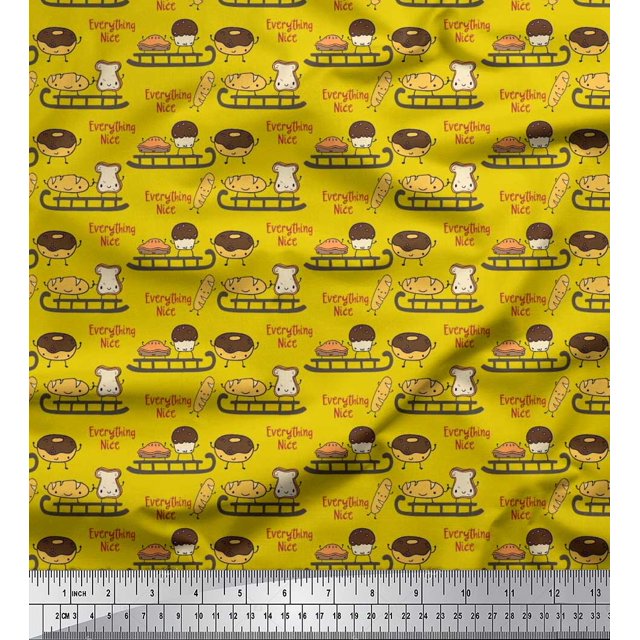 Soimoi Polyester Crepe Fabric Sleigh,Bread & Hot Dog Food Print Sewing Fabric Yard 42 Inch Wide