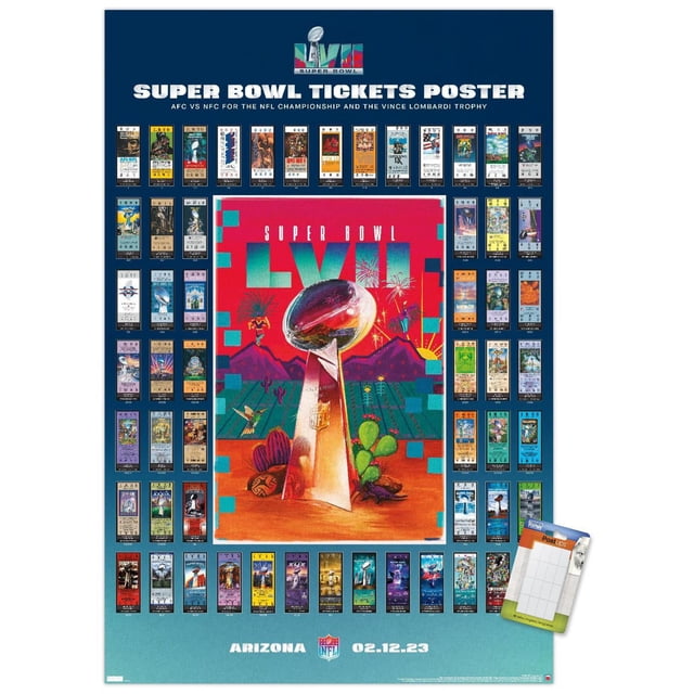 NFL League - Affiche Murale Collage de Billets Super Bowl LVII, 22,375 Pouces x 34 Pouces, Présentant une illustration Centrale Colorée du Trophée Vince Lombardi avec Paysage Désertique et Feux d'Artifice, Entourée d'Un Collage de Motifs de Billets Super Bowl Historiques sur Fond Bleu, avec un Texte Mettant en Valeur le Championnat de la NFL et la date de l'Événement du 12 Février 2023 en Arizona, Convient à la Déco