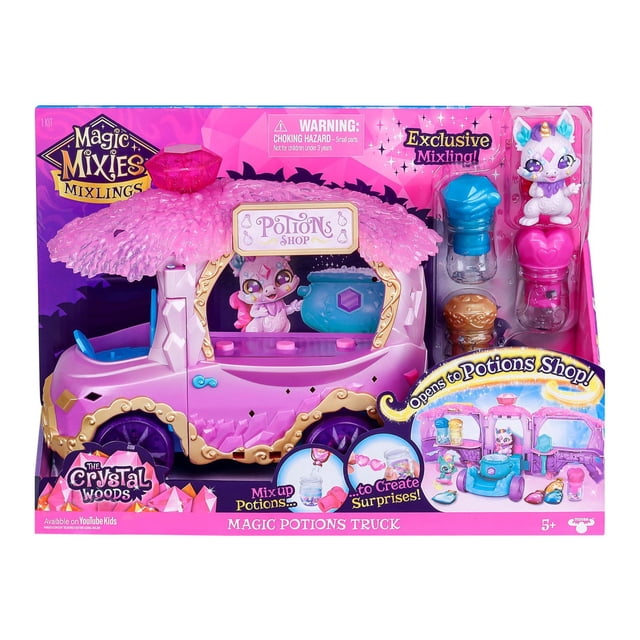 MAGIC MIXIES MIXLINGS MAGIC POTIONS TRUCK toy featuring a pink and purple potion truck with a textured crystal leaf roof and gold trim that opens into a Potions Shop with a blue cauldron and an exclusive Mixling figure. Includes three potion bottles with colorful lids and magical accessories for mixing potions and creating surprises, suitable for children aged 5 and up.