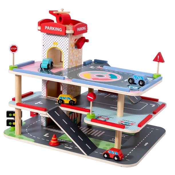 HILABEE Wood Parking Garage Playset Kids Parking Garage Race Car