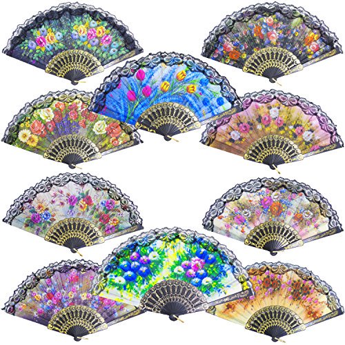 Grosun 10pcs Spanish Floral Folding Hand Fan Sequin Fabric Folding Handheld Hand Fan, Random Color
