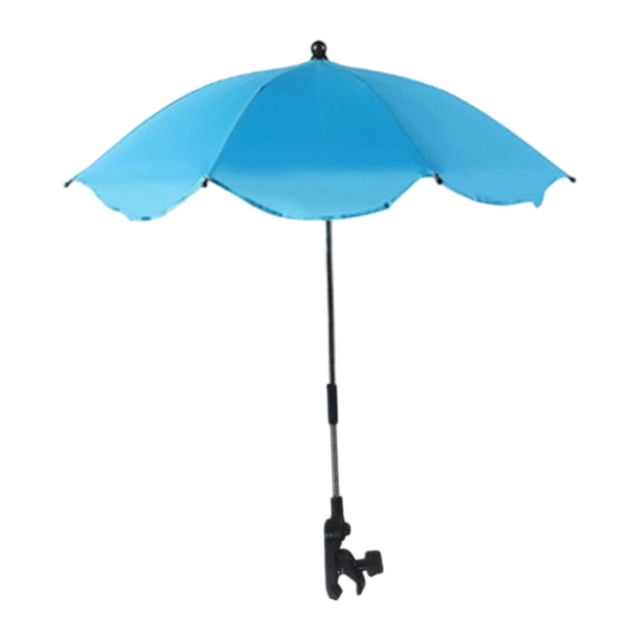 TISHITA Beach Chair Parasols Adjustable Clamp Umbrella in blue, featuring a 66 cm open diameter and crafted from waterproof polyester for sun protection. The umbrella includes a sturdy metal pole and an adjustable clamp with a diameter range of 2 cm to 3.1 cm, suitable for attaching to chairs, fishing poles, and more. Its flexible spring clamp rod allows for 360-degree angle adjustments for vertical or horizontal use. Ideal for outdoor activities like camping, backyard lounging, and beach outings.