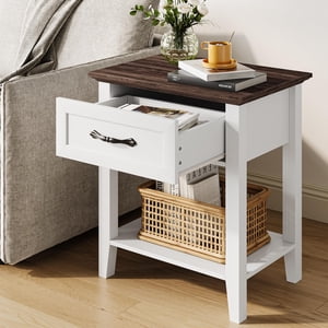Nightstands, End Table with Drawer, Side Table for Living Room, 2 Tiers Storage Shelves Bedside Table for Study Room, Bedroom, Dorm