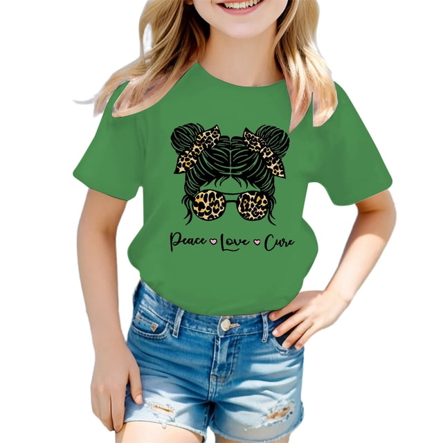 LUOGENLI T-Shirt pour Filles Enfant Filles Mignon Graphique Col Rond Manche Courte Tee Été Décontracté T-Shirt Maxi Chemises pour Filles Vert 9-10 Ans