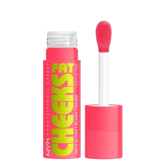 NYX Professional Makeup Fat Cheeks Liquid Blush in a bright pink tube with lime green text, featuring an open container and white applicator wand with a rounded, fuzzy tip coated in vibrant pink liquid blush, suitable for a dewy, hydrated cheek finish.