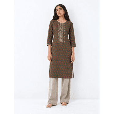 Dweep Sara Kurta Droite Brodée Florale Olive pour Femmes TG/42 Haut Tunique Ethnique en Mélange de Coton avec Manches 3/4 Col Rond