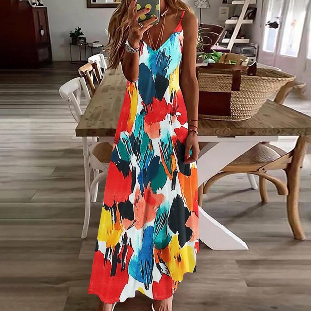 FcBaudy Robes d'Été pour Femmes, Robes pour Femmes, Jupe pour Femmes Robes d'Été pour Femmes Robe Imprimée Sans Manches à Col Rond Robe Décontractée Robes Femmes Robe