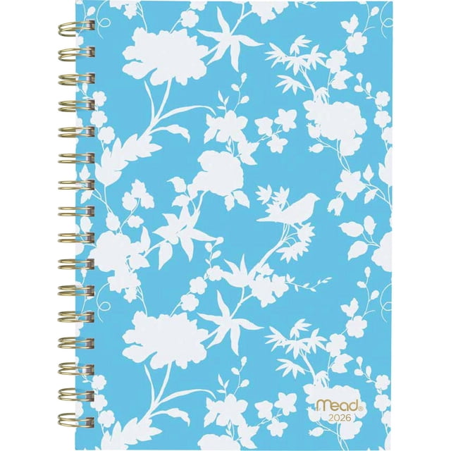 2026 Mead® Minimalist Blue Small Weekly Clear Poly Cover Planner with a blue cover decorated with white floral and bird patterns, twin gold coil binding that resists snagging and lays flat, and a gold Mead logo on the bottom right corner.