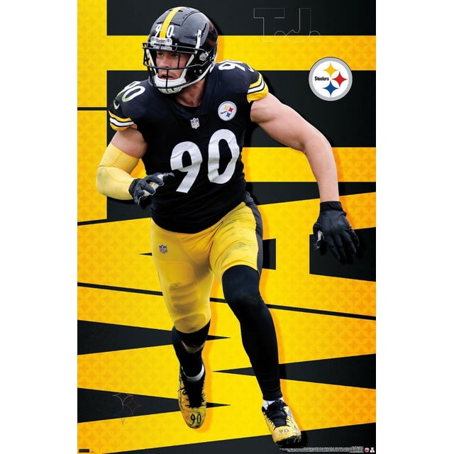 NFL Pittsburgh Steelers - T.J. Watt 21 Affiche Murale, 22,375 Po x 34 Po Montrant un Joueur de football sous un Numéro de Chandail des Steelers Noir 90, Pantalon Jaune, Crampons Noirs et Jaunes, et Gants Noirs Courant vers l'Avant sur un Fond Graphique Noir et Jaune avec le logo des Steelers, Idéal pour la Déco de Chambre à Thème Sportif.