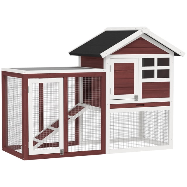 PawHut Wooden Rabbit Hutch Weatherproof with Screened Run in brown and white, measuring 49 inches. Ideal for rabbits, guinea pigs, and other small animals. Features a two-story design with a fir wood frame, steel wire outdoor run, and an enclosed sleeping area. Includes a slanted asphalt roof, multiple doors for access, and a slide-out tray for easy cleaning. Suitable as a small animal habitat.