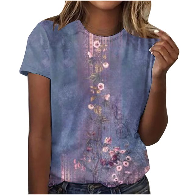 Birdeem Womens Casual Retro Printed Round Neck Short Sleeved Top
