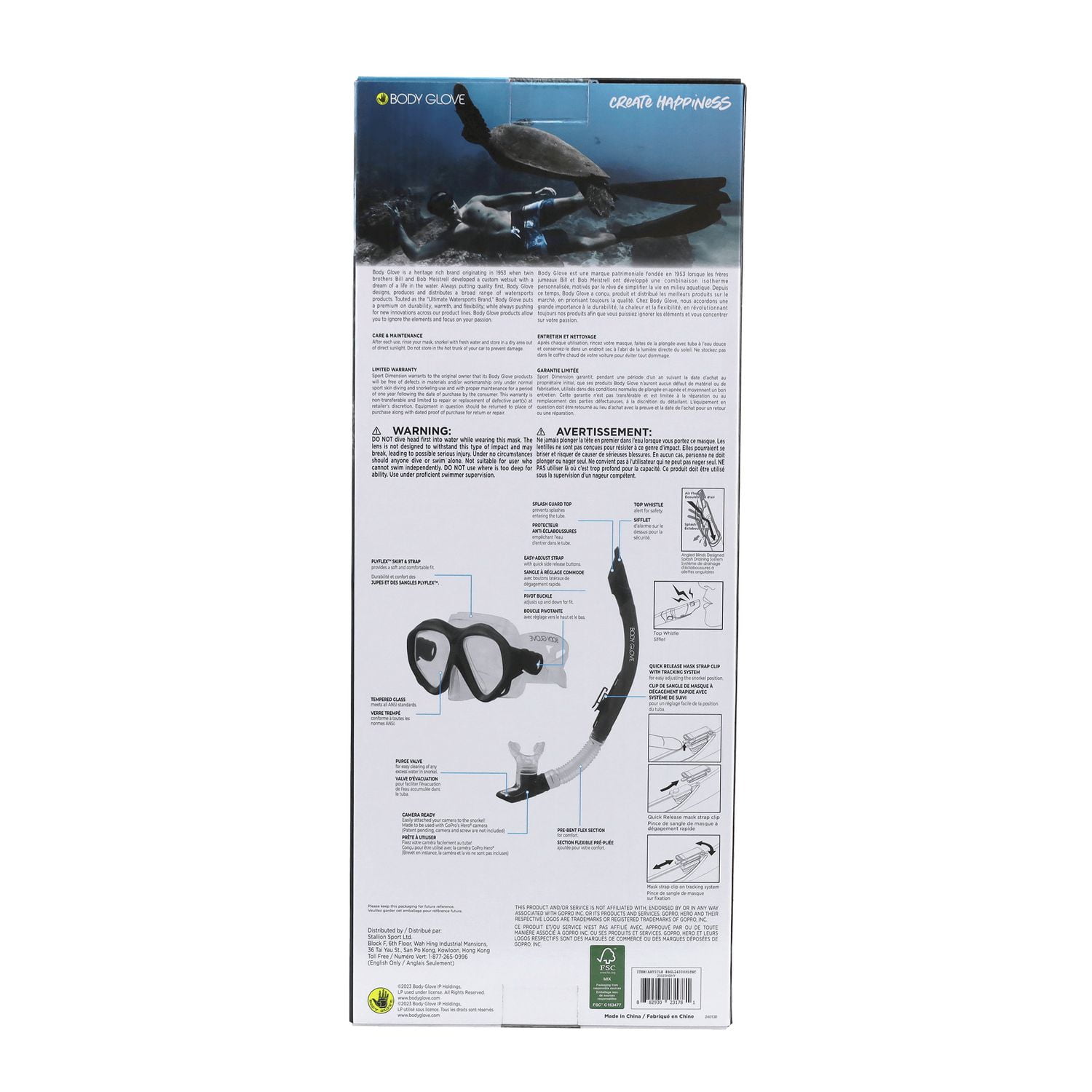 Ensemble tuba Body Glove Nomad adulte masque et tuba verre trempé antibuée équipement de plongée