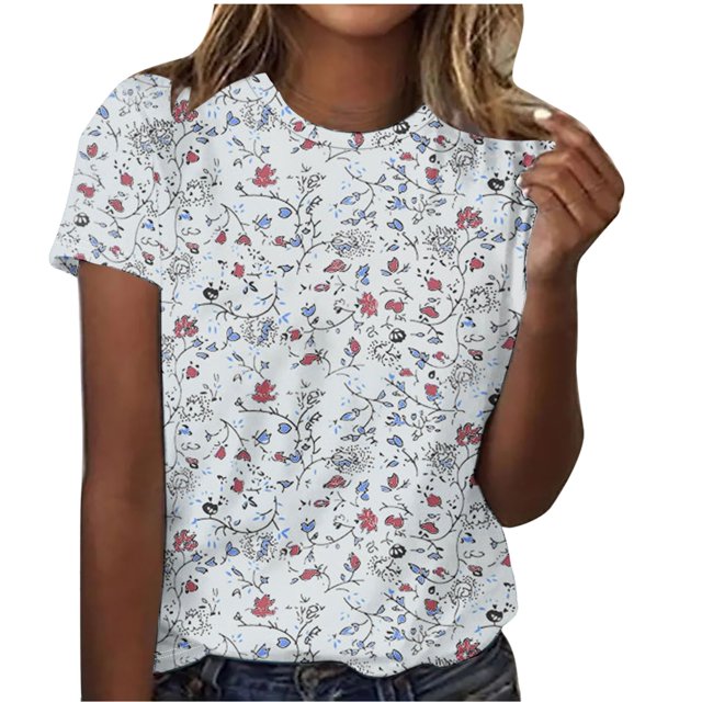 Scyoekwg Hauts pour Femmes Tendance Décontracté Col Rond T-Shirt Régulier Été Léger Imprimé Floral Graphique Tee Manches Courtes T-Shirts Confortables Blouses Amples Confortables (Gris, S)
